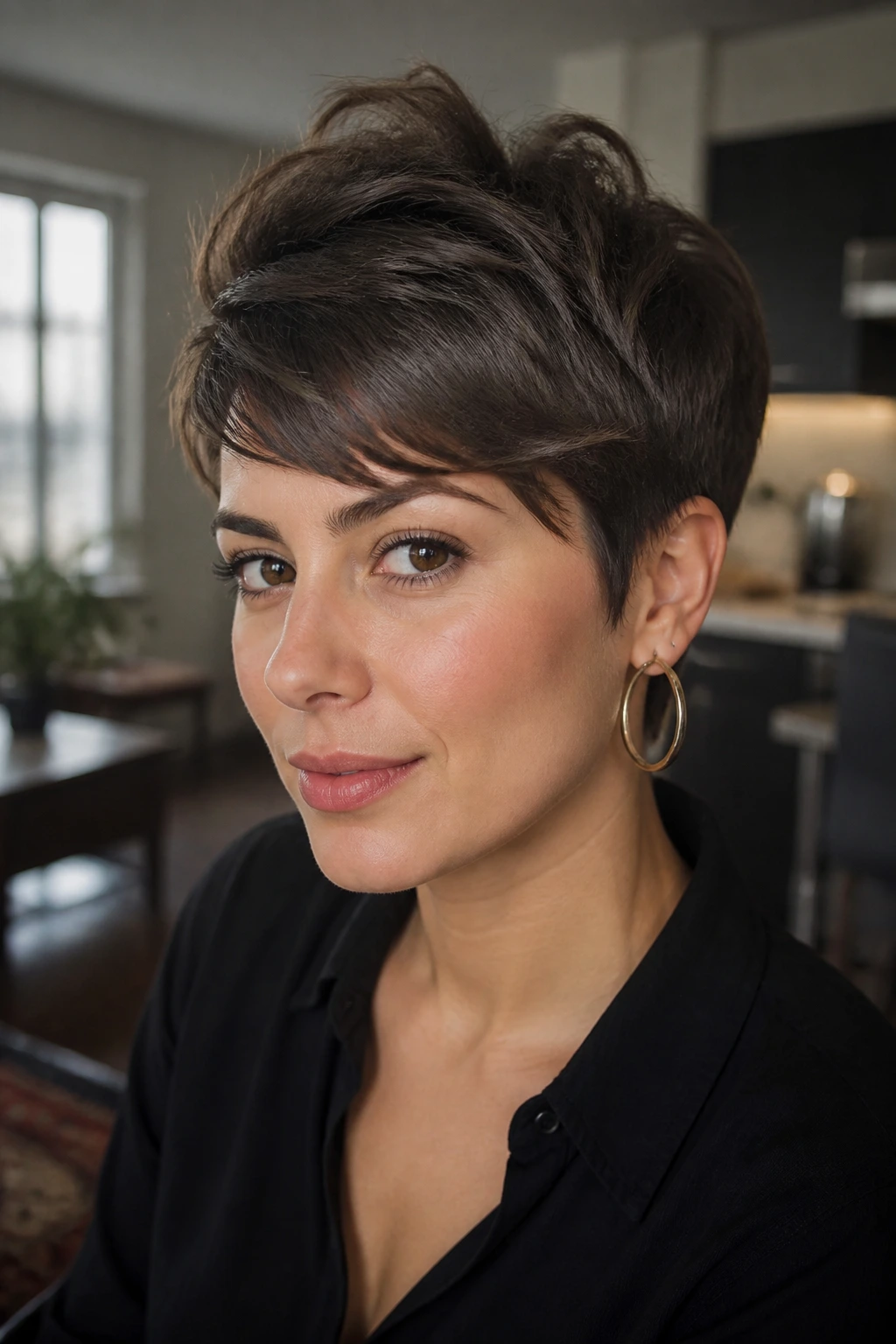 Portrait of a woman with a textured pixie and crown lift.