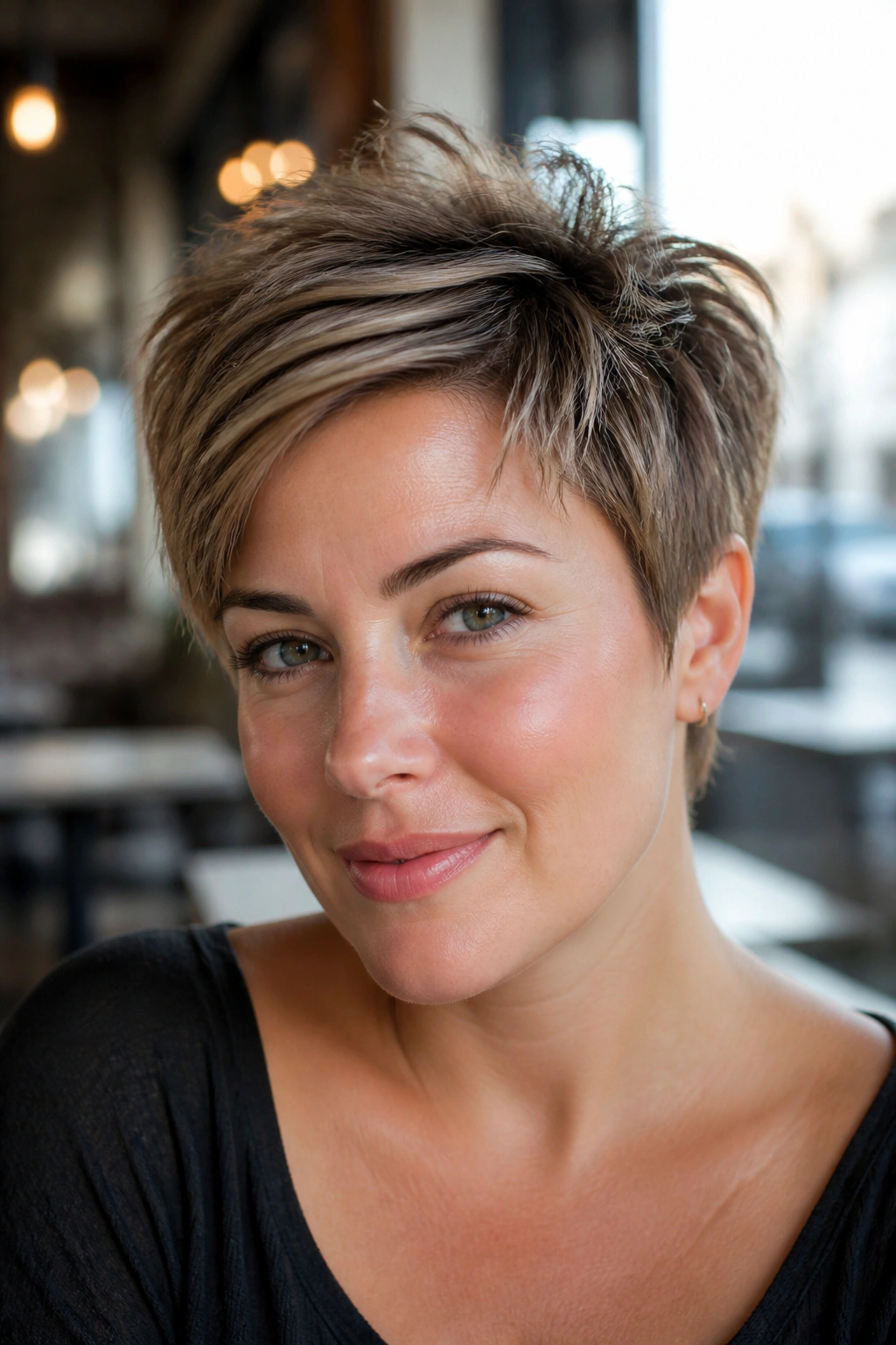Close-up of a woman with a textured pixie and long crown layers showing crown lift.