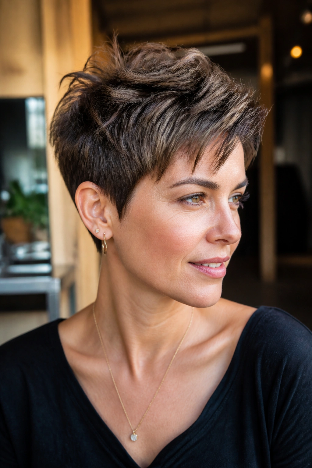 Close-up of a real woman with a textured pixie and longer crown
