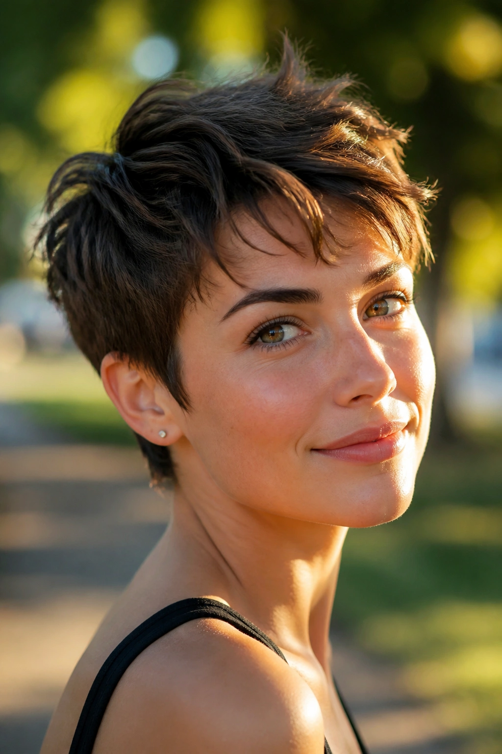 Close-up of a girl with a textured pixie cut