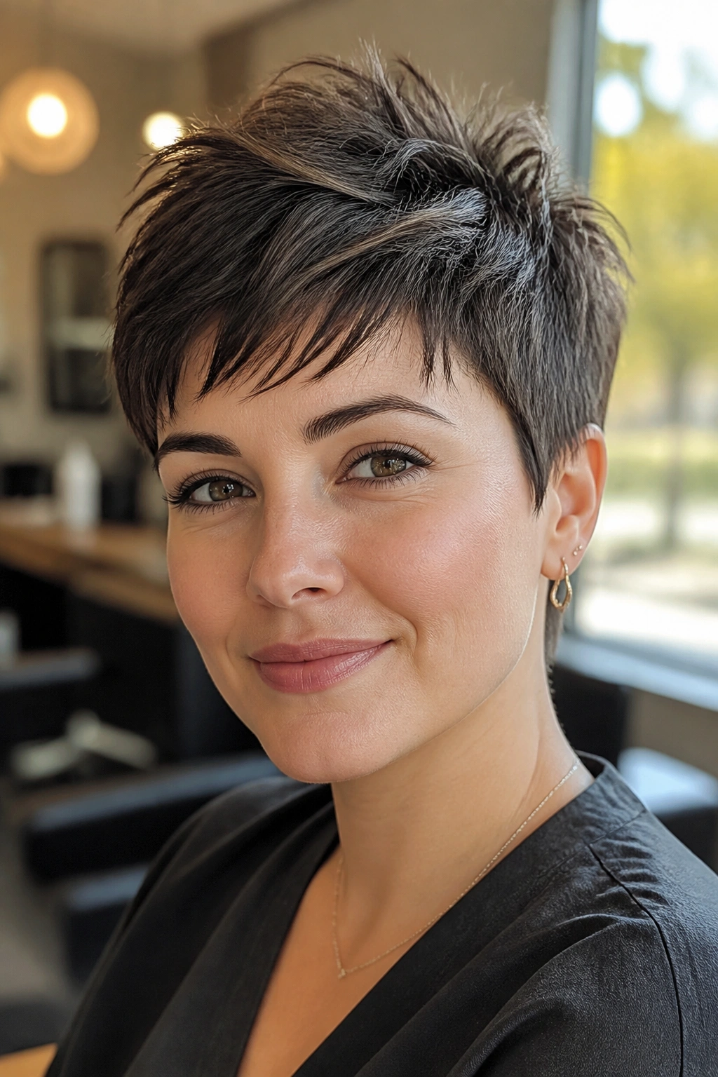 Close-up of a real woman with a textured pixie cut and lifted crown in natural light