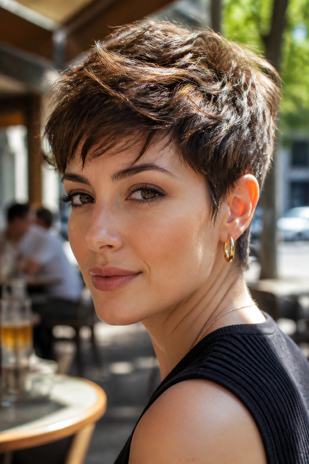 Portrait of a person with textured pixie cut in warm afternoon light