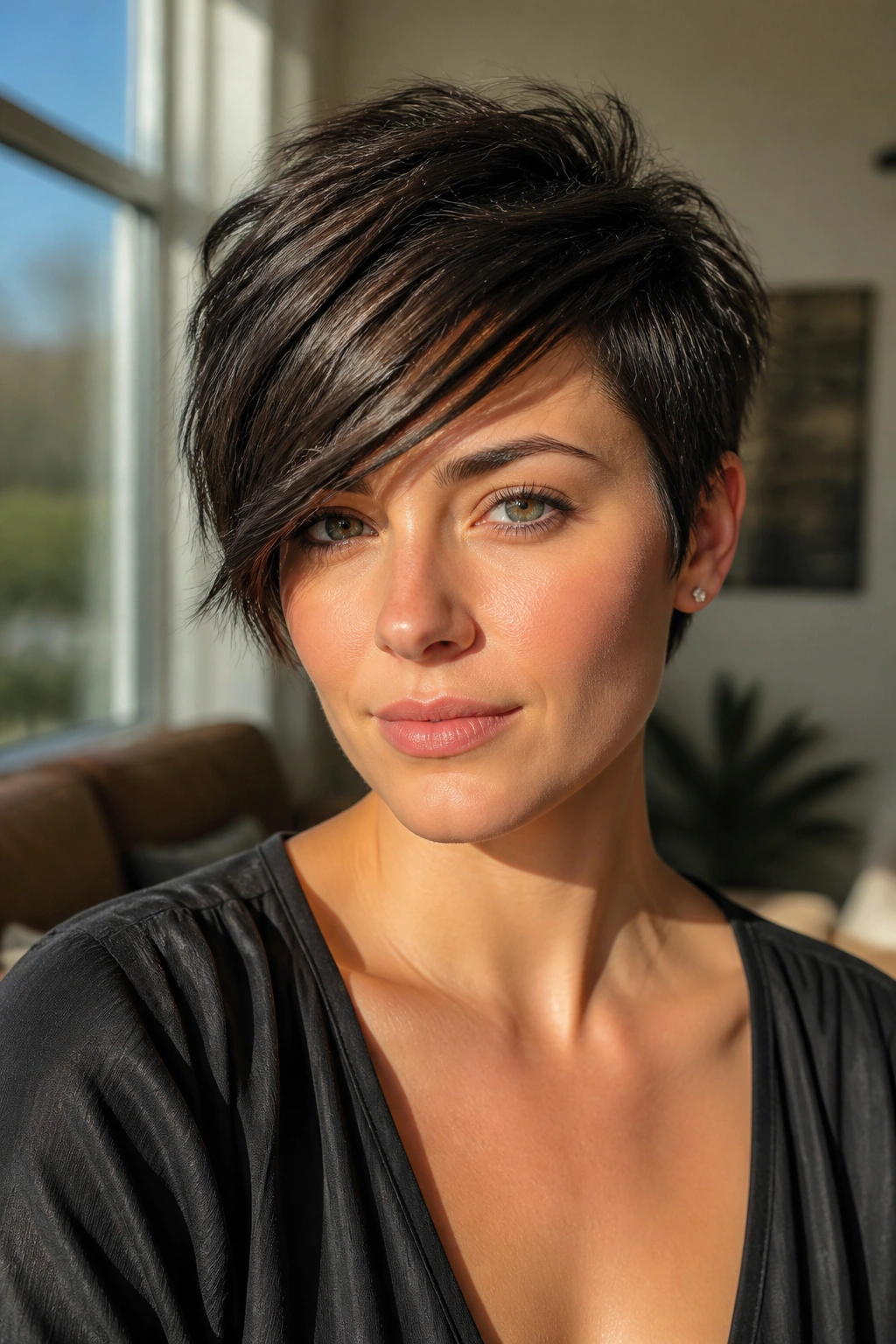 Close-up portrait of a real woman with a textured pixie and side-swept fringe