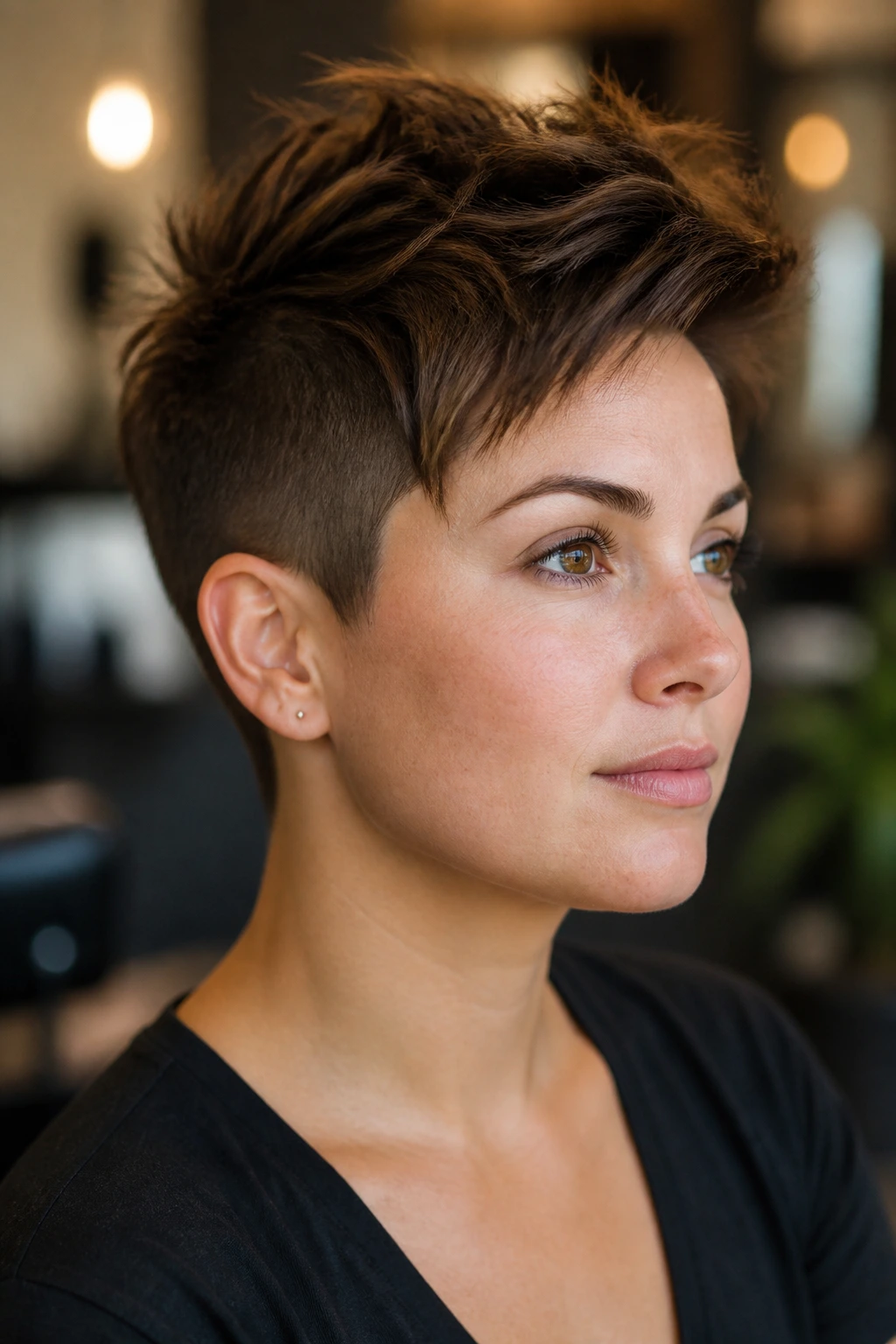 Close-up of a real person with textured pixie haircut and longer crown.