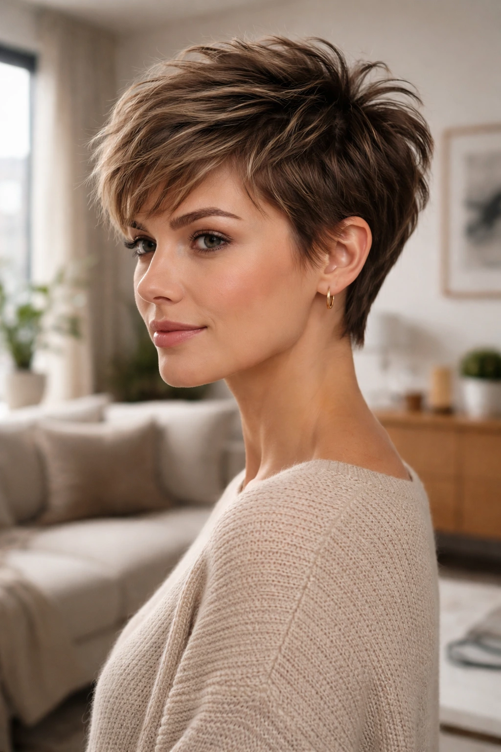 Close-up of a real person with a textured pixie cut and feathered top