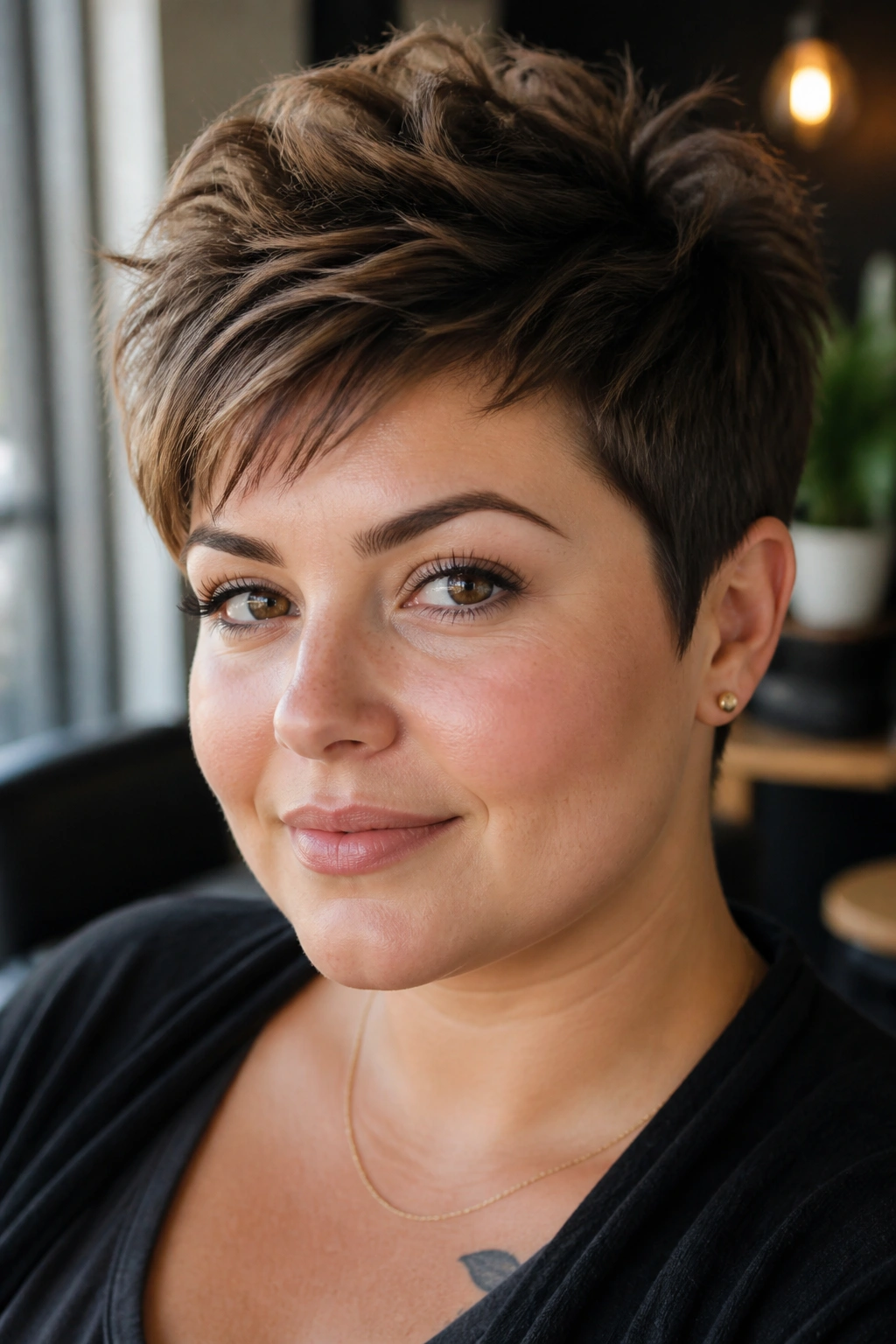Close-up of a real woman with a textured pixie cut for round faces under natural window light