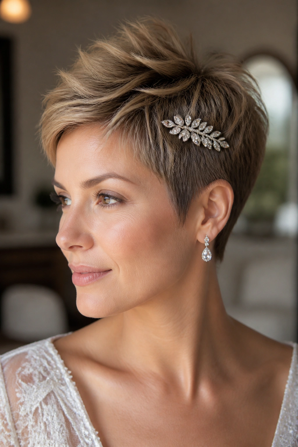 Close-up portrait of a woman with textured pixie and jeweled side clip