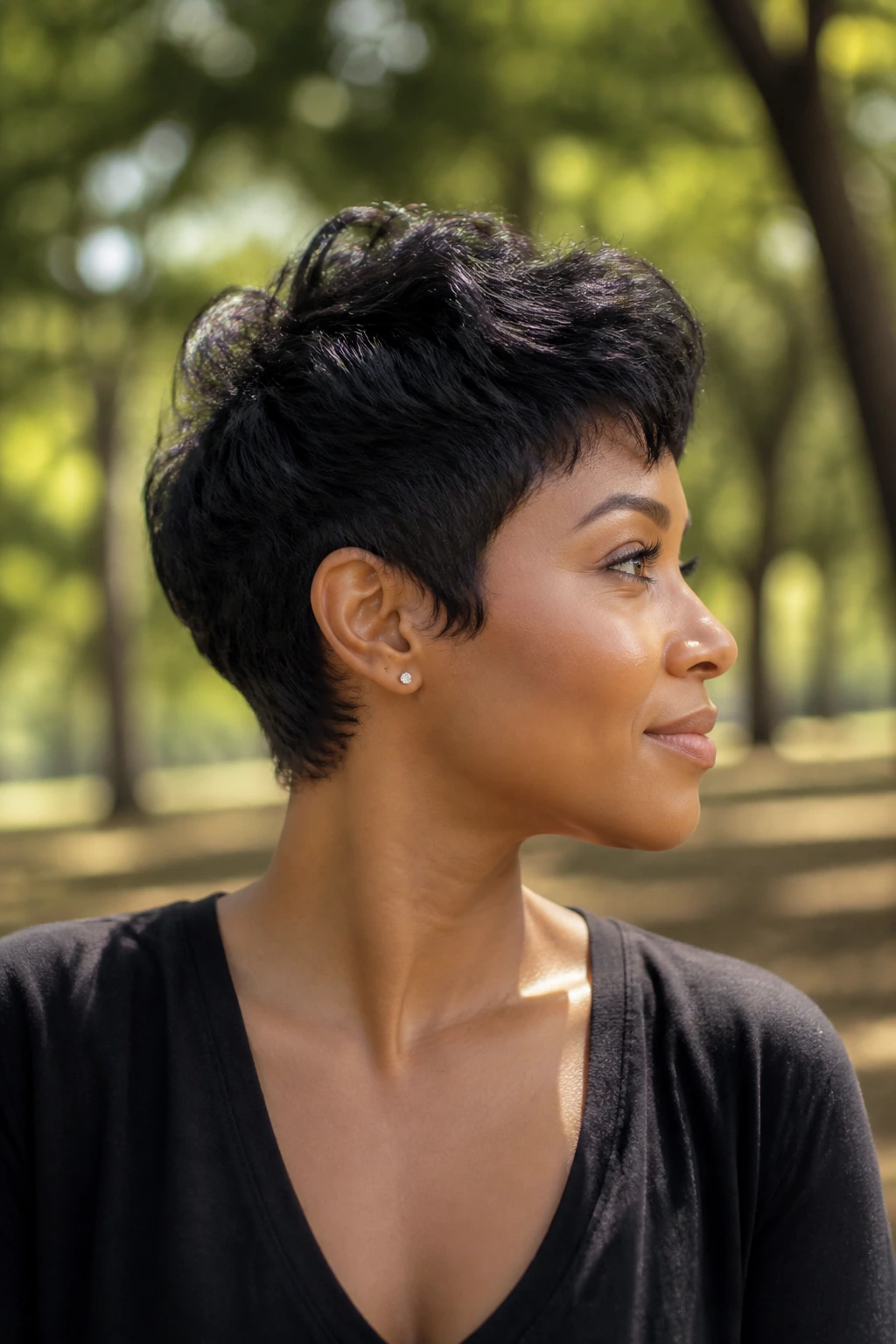 Close-up portrait of a real woman showing a textured pixie with lifted crown and wispy nape.