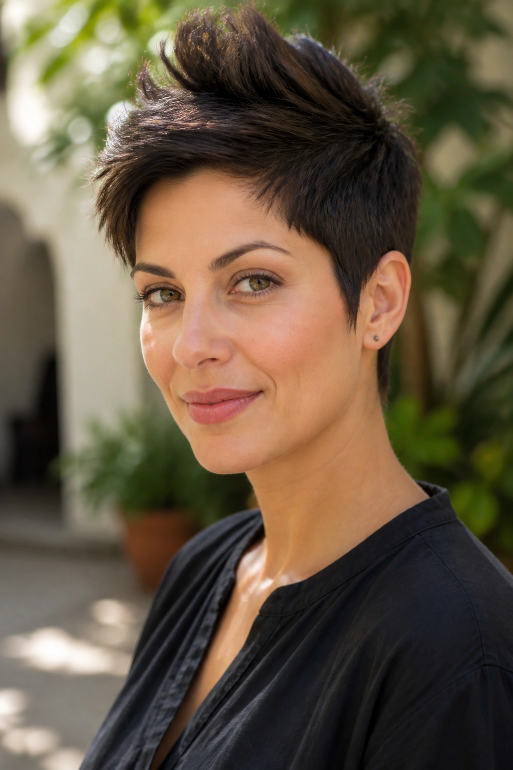 Close-up portrait of a real woman with a textured pixie and long crown