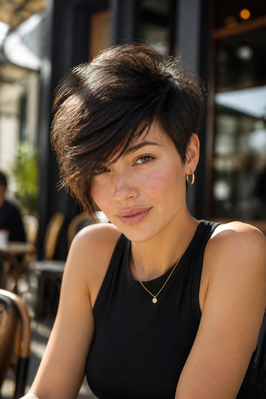 Close-up of a real woman with textured pixie and long fringe