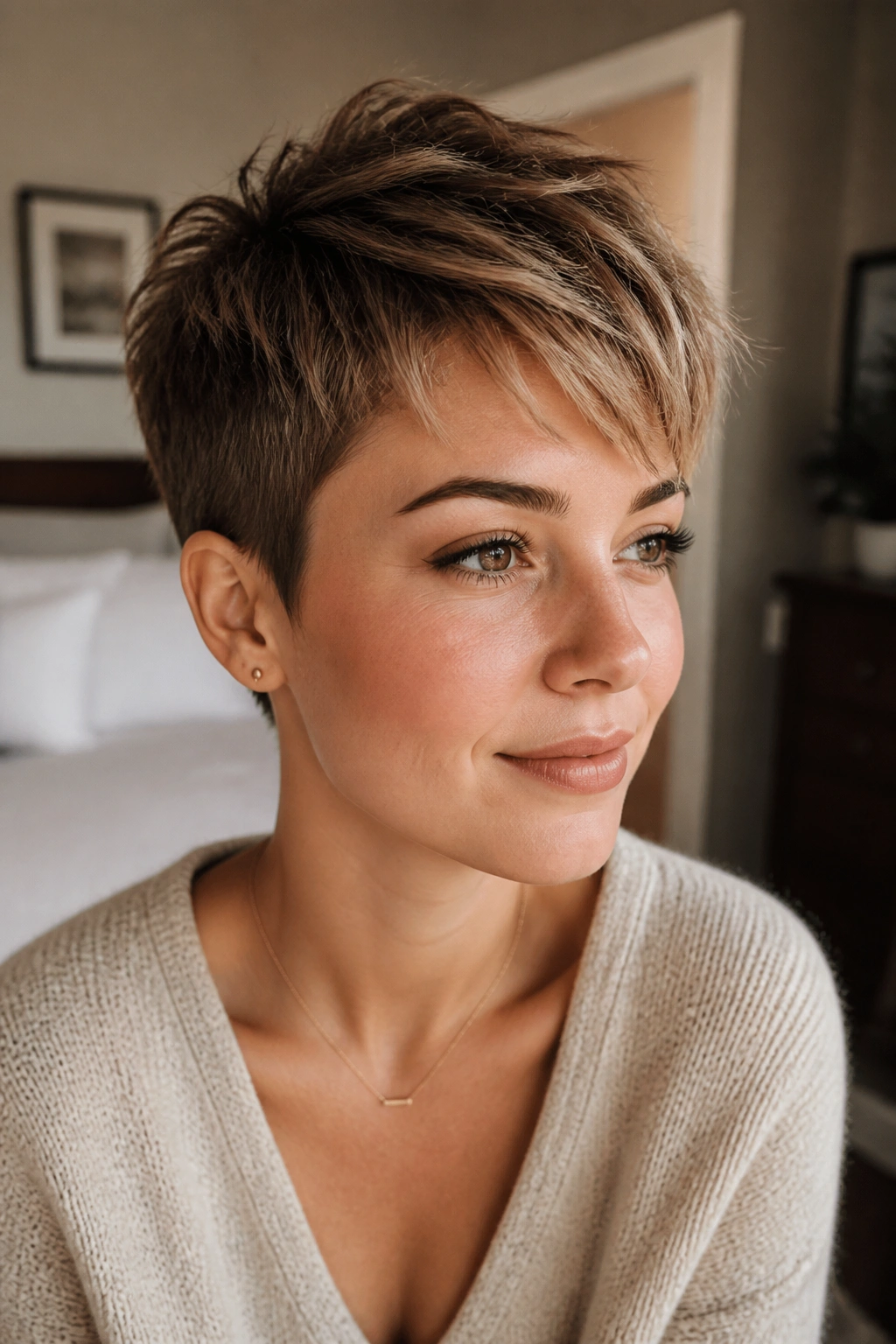 Close-up of a real woman with a textured pixie and longer top under warm window light