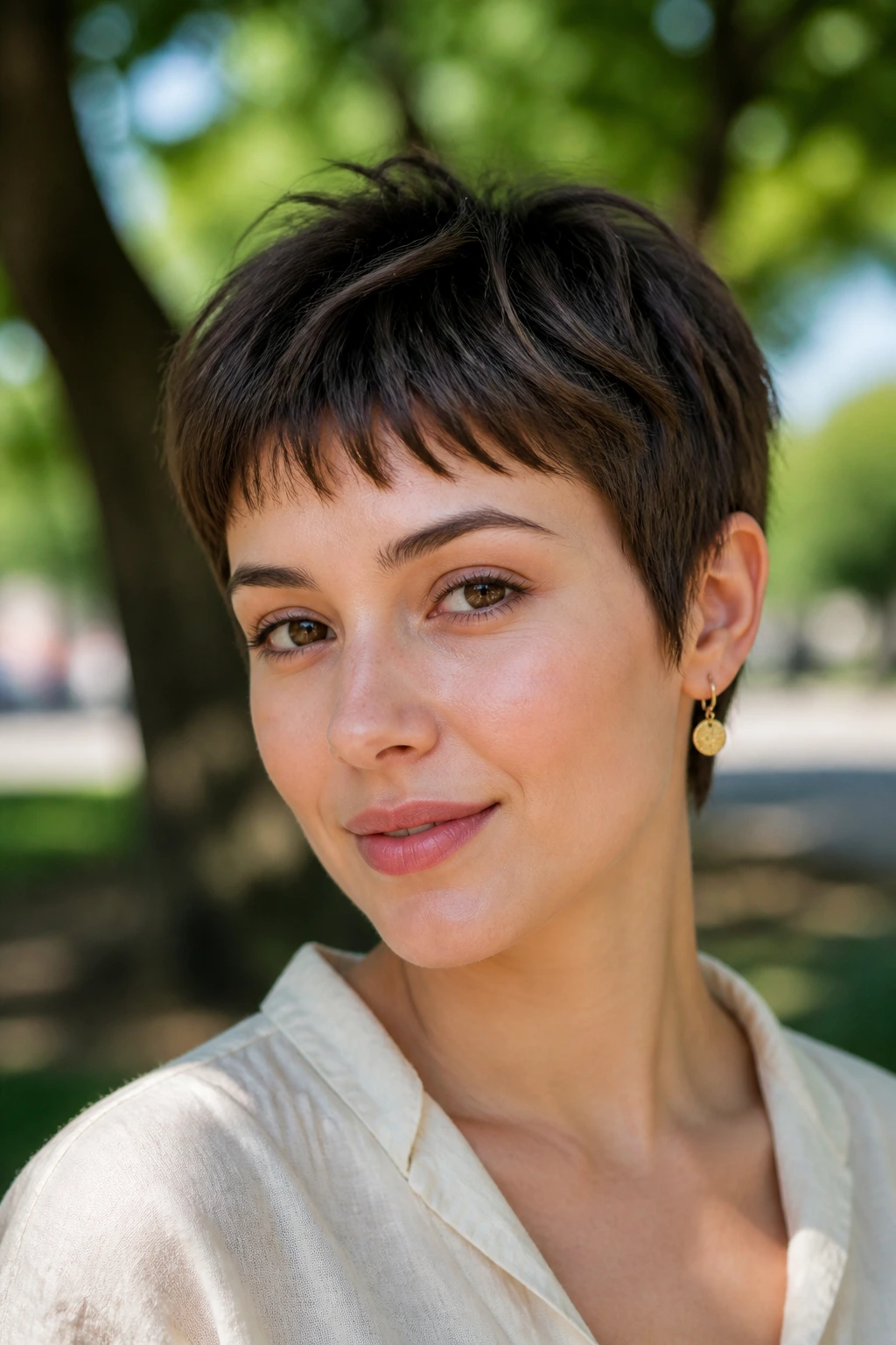 Close-up of a woman with textured pixie and micro fringe