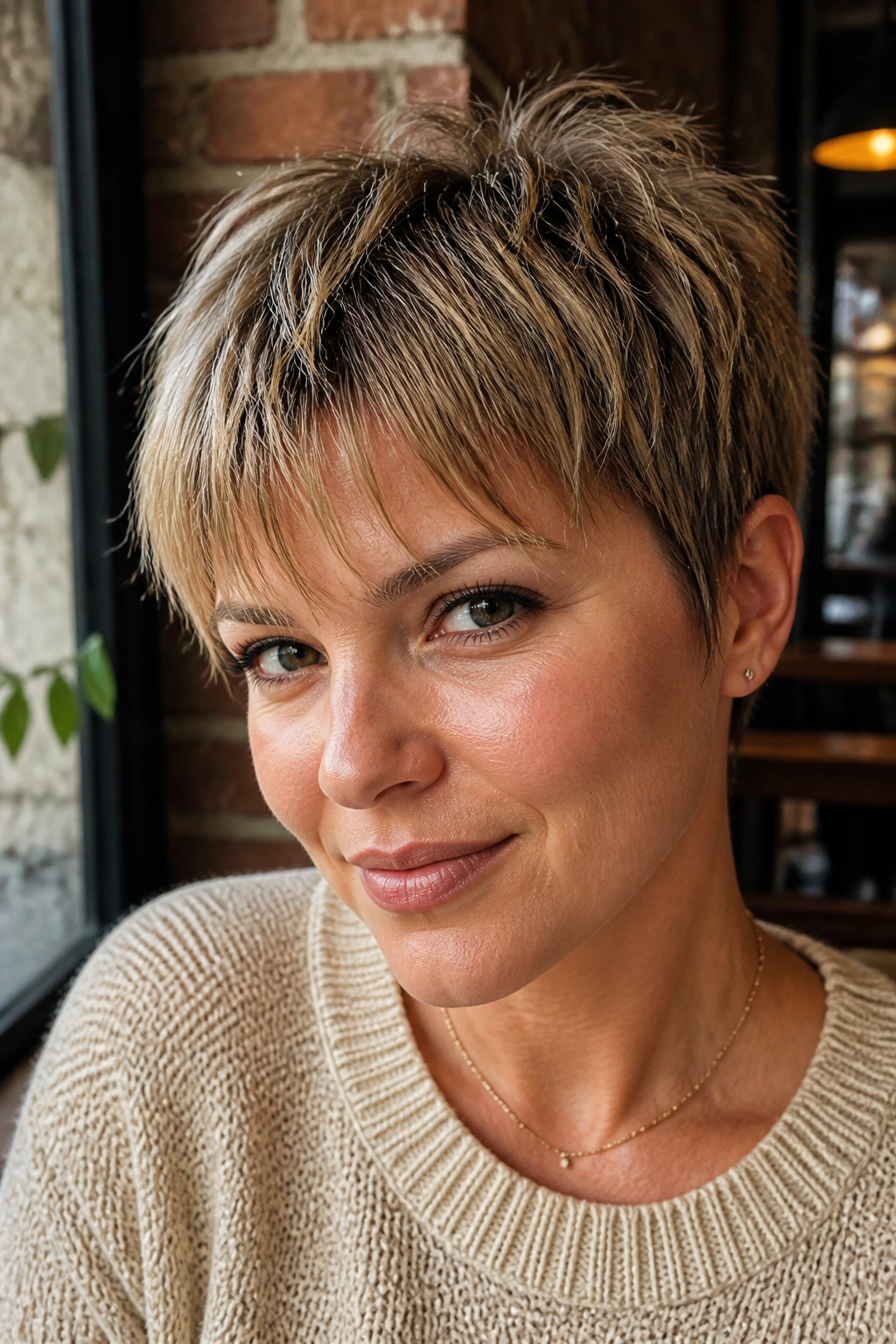 Real woman with textured pixie and piecey fringe in warm ambient light