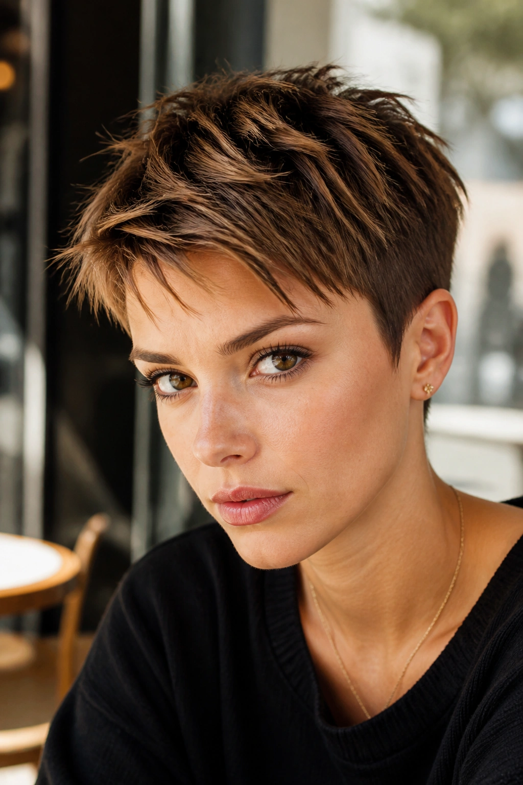 Real person with textured pixie cut and piecey top in daylight.