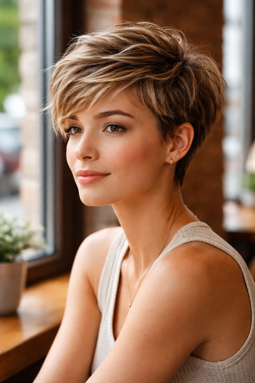 Close-up of a person with a textured pixie cut showing lift and movement