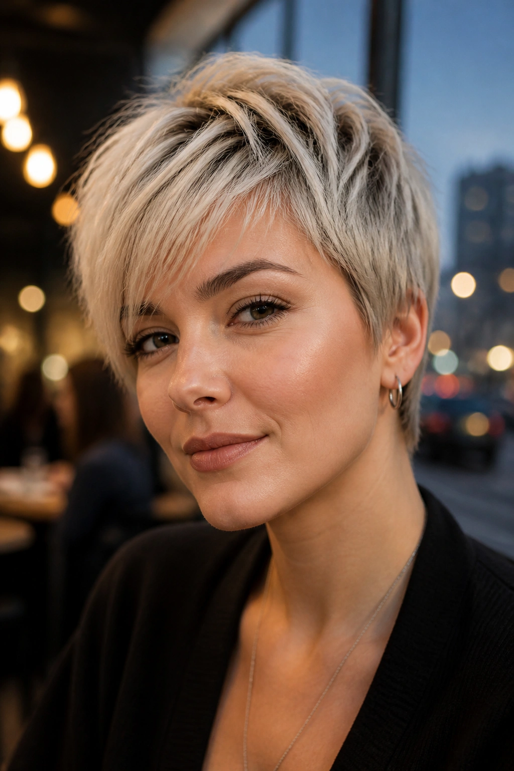 Real woman with textured pixie and platinum feathered ends