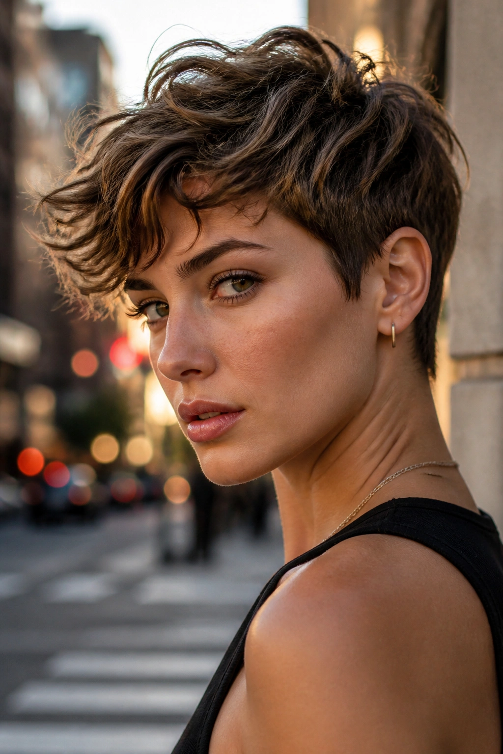 Portrait of a real woman with textured pixie showing longer top