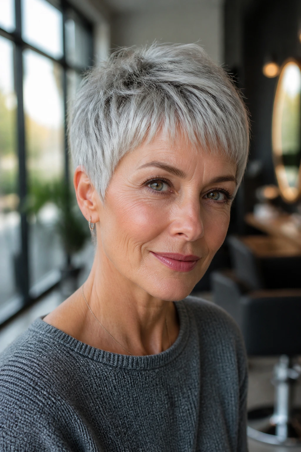 Portrait of a real woman with a silver textured pixie and short fringe in a salon