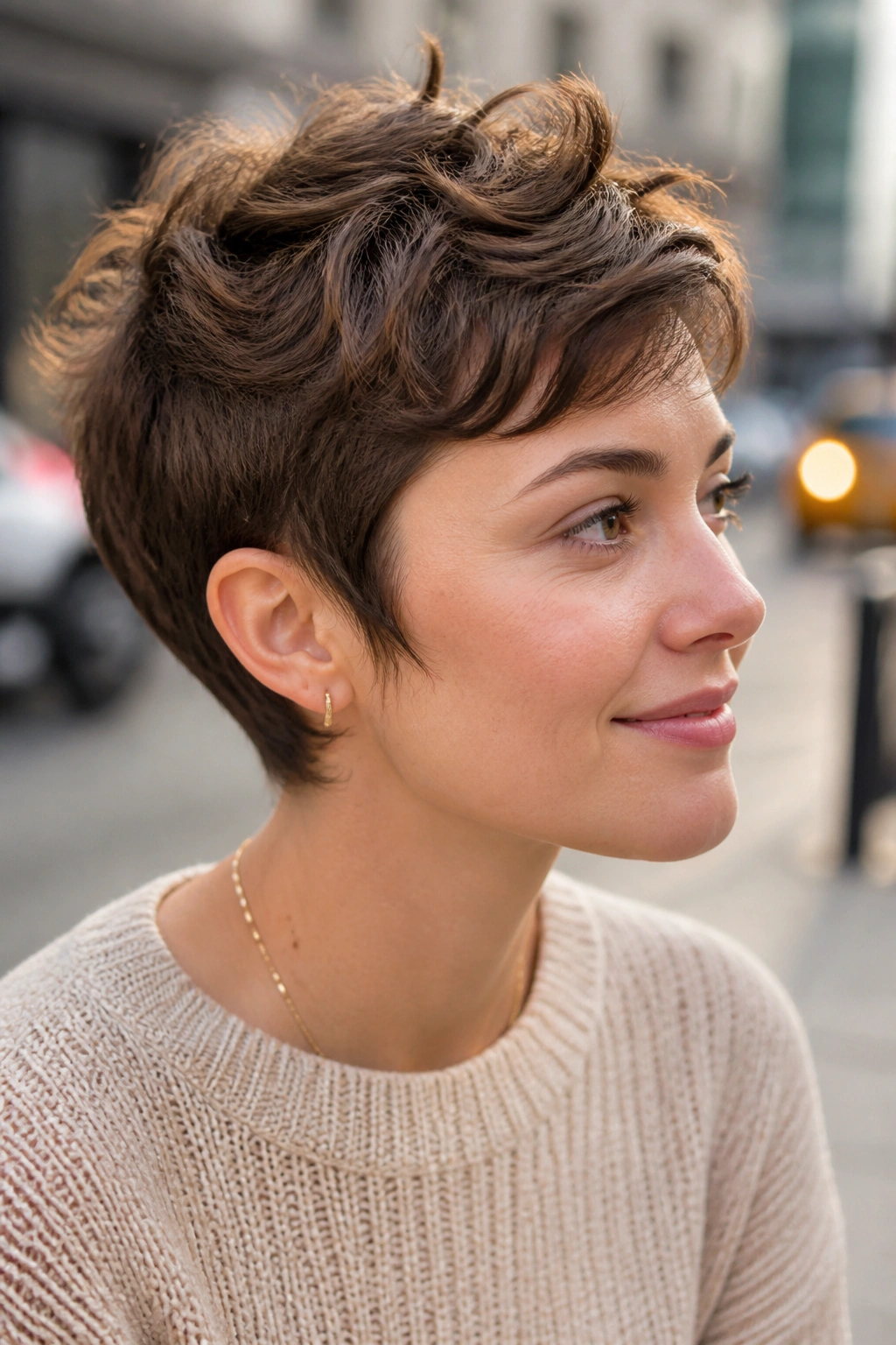 Close-up portrait of a real woman with a textured pixie and soft sideburns.