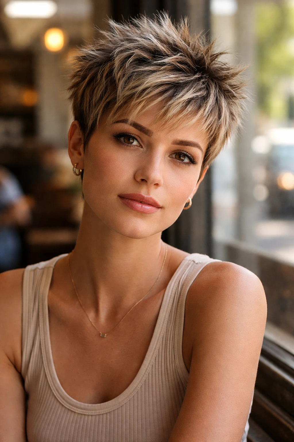 Close-up of a real woman with a textured, spiky pixie in a cafe window setting