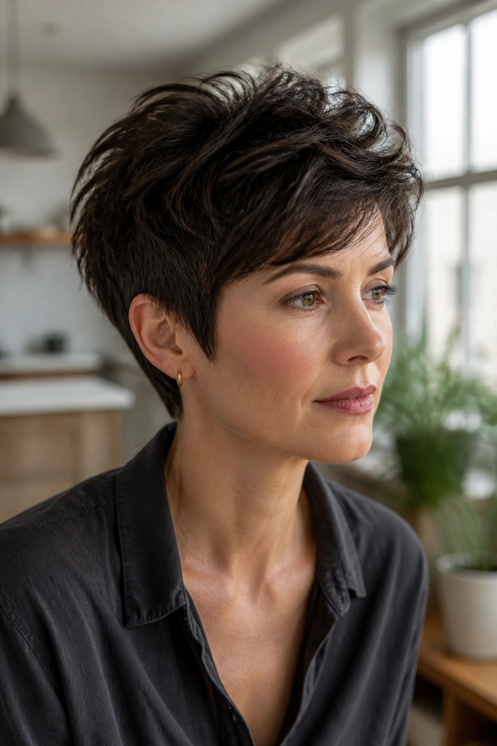 Close-up of a real woman with a textured pixie cut on thick hair in bright natural light.