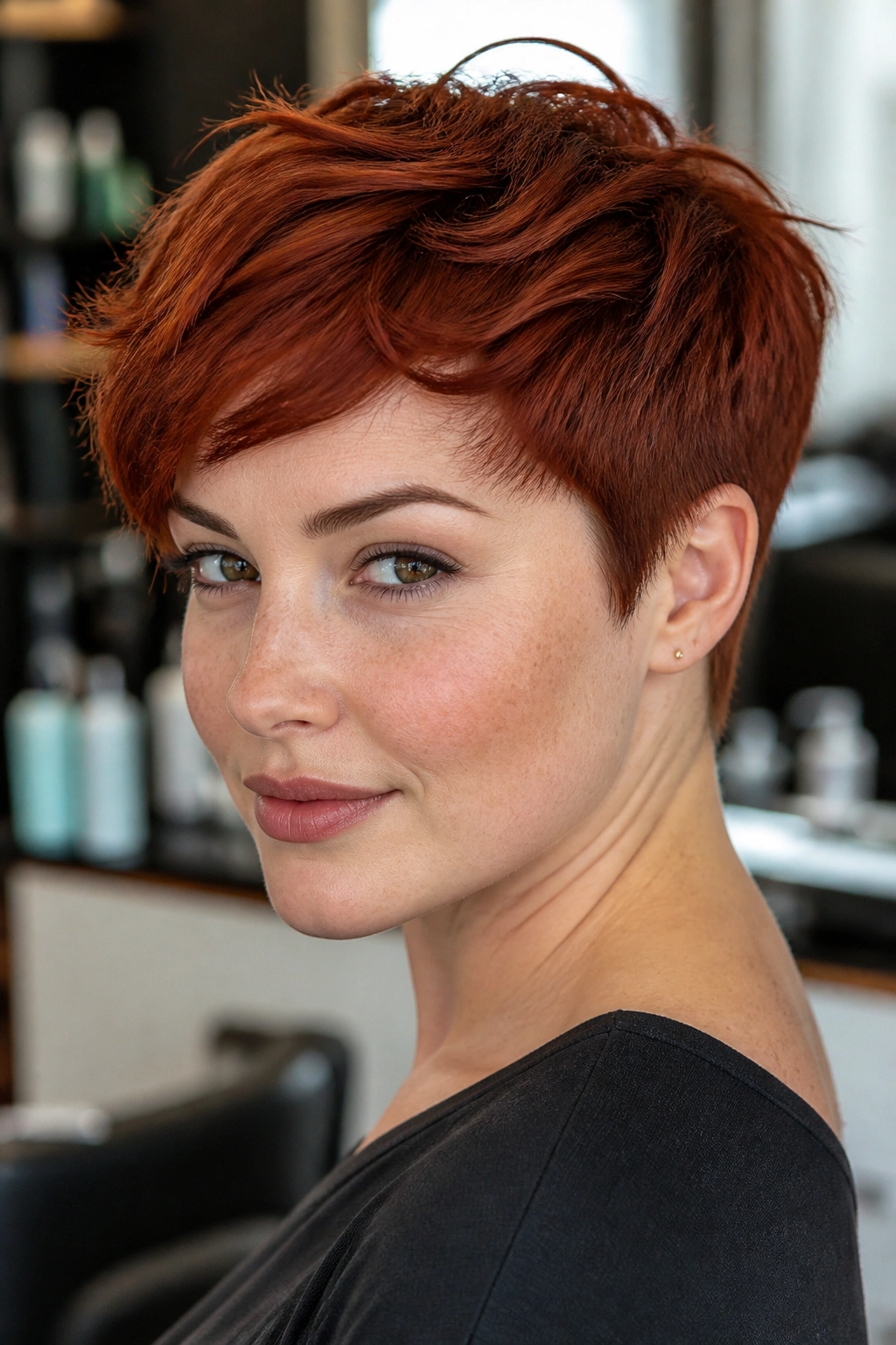 Real person with textured pixie on thick hair showing layered crown