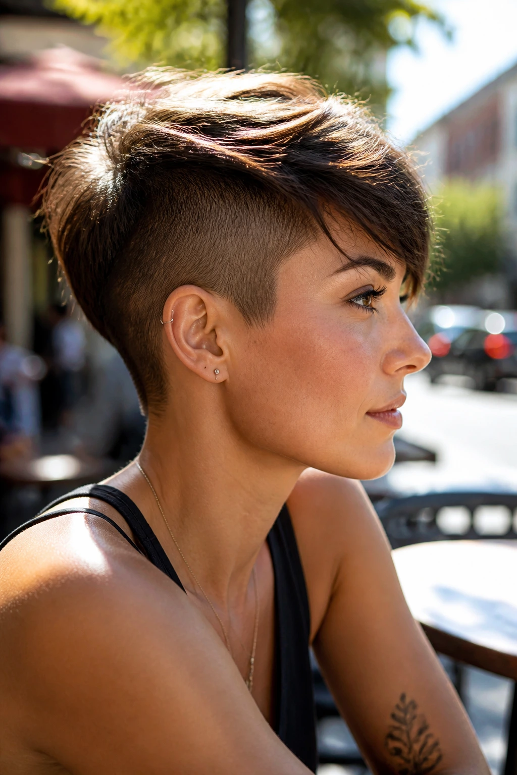 Side-profile of a woman with textured pixie and undercut