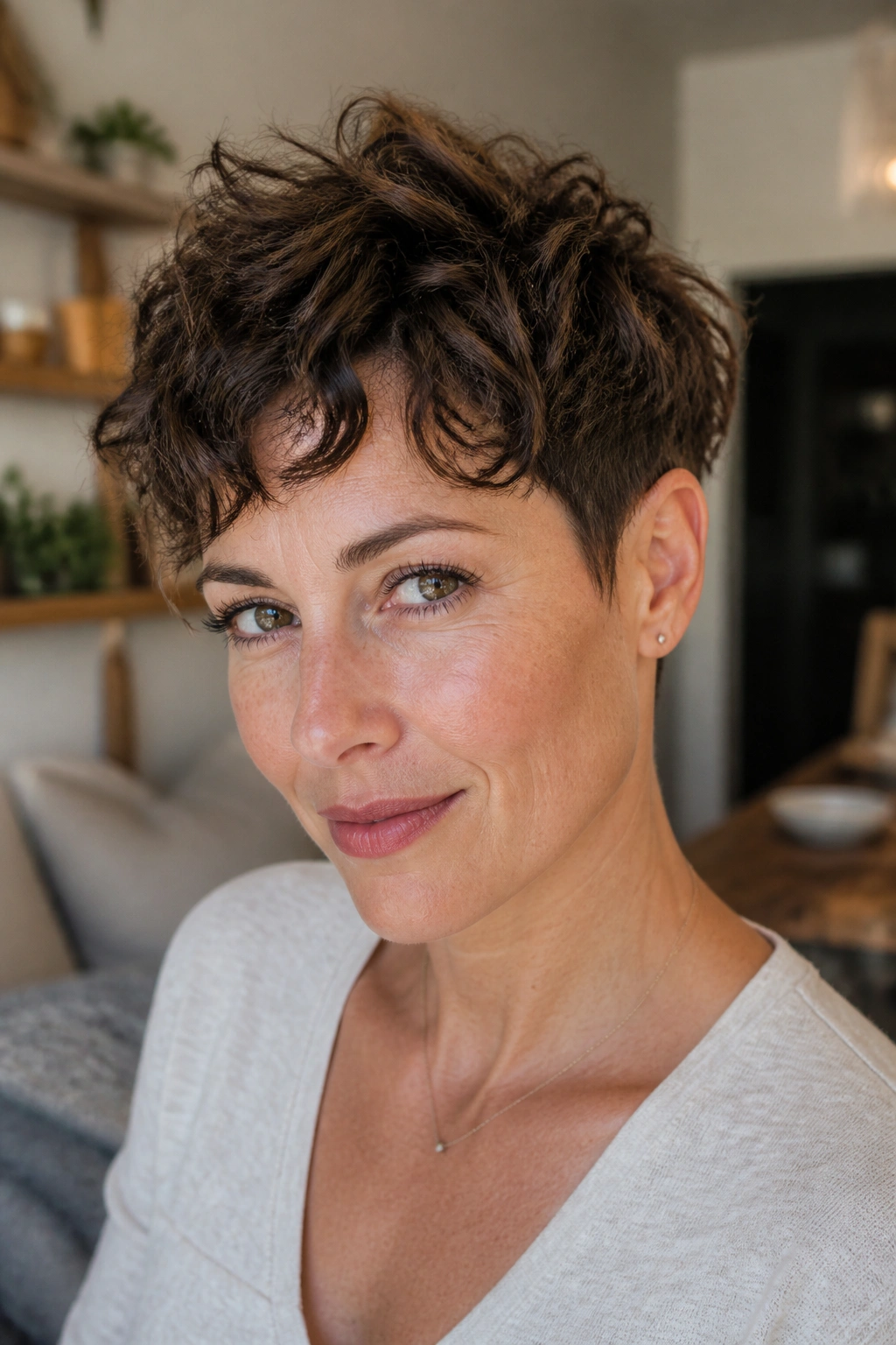 Real person with a textured pixie cut showing waves on top.