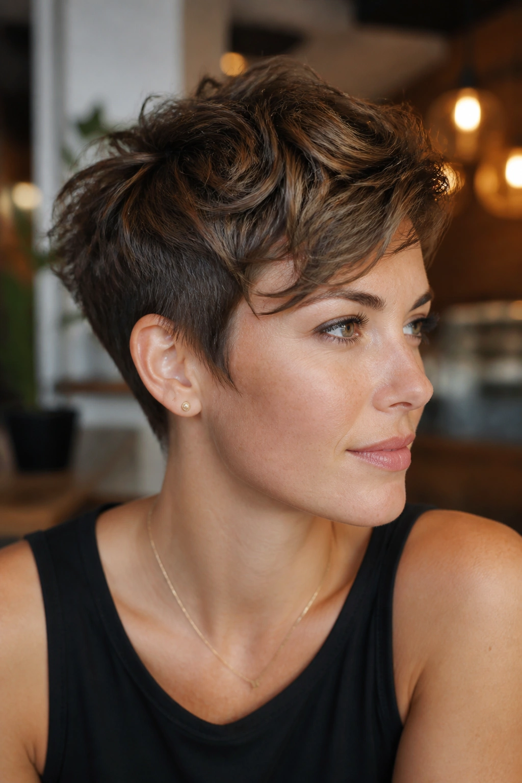 Real woman with textured pixie hairstyle in cozy cafe lighting