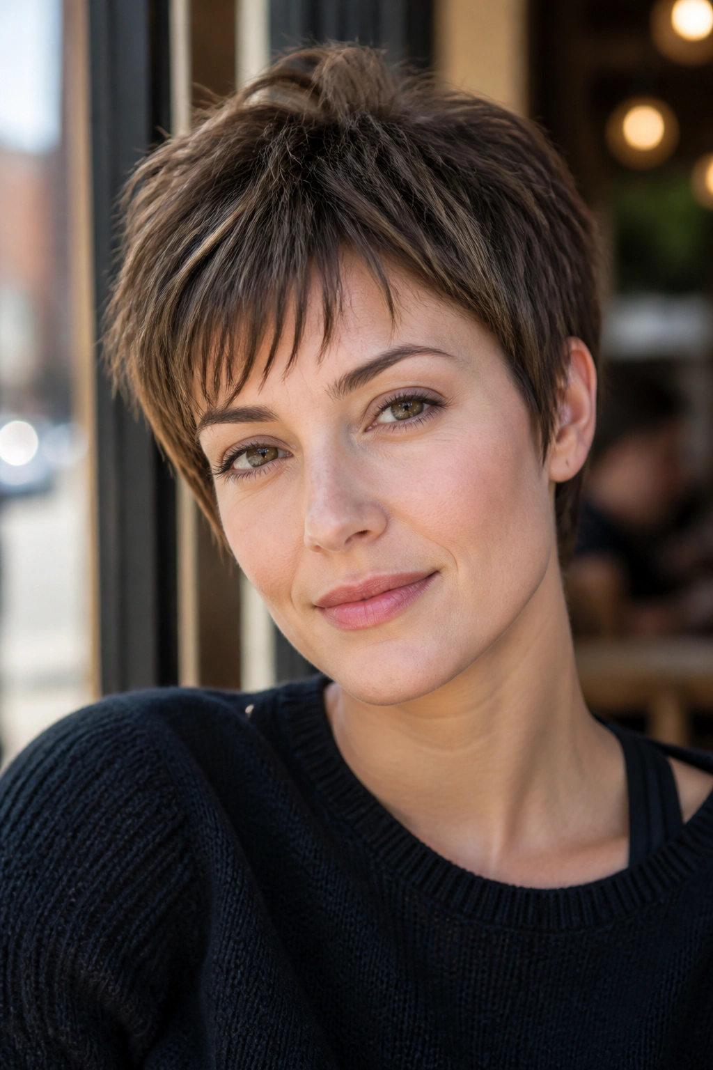Portrait of a woman with a textured pixie and wispy bangs in natural light.