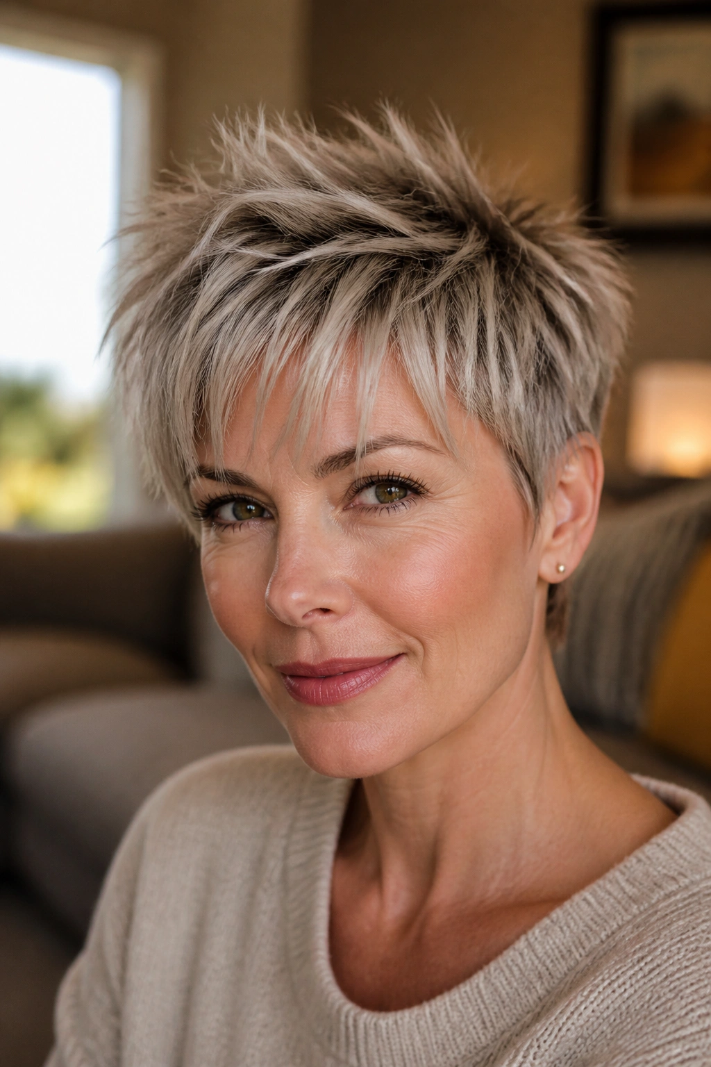Close-up of a woman with a textured pixie and wispy fringe.