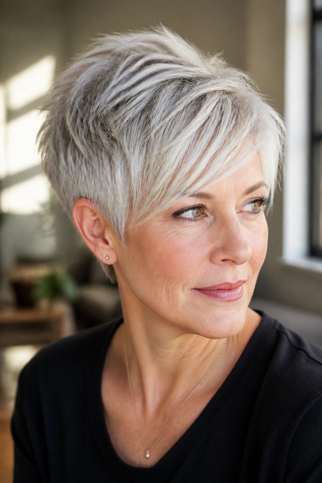 Portrait of a real woman with textured platinum pixie and chunky layers in natural light