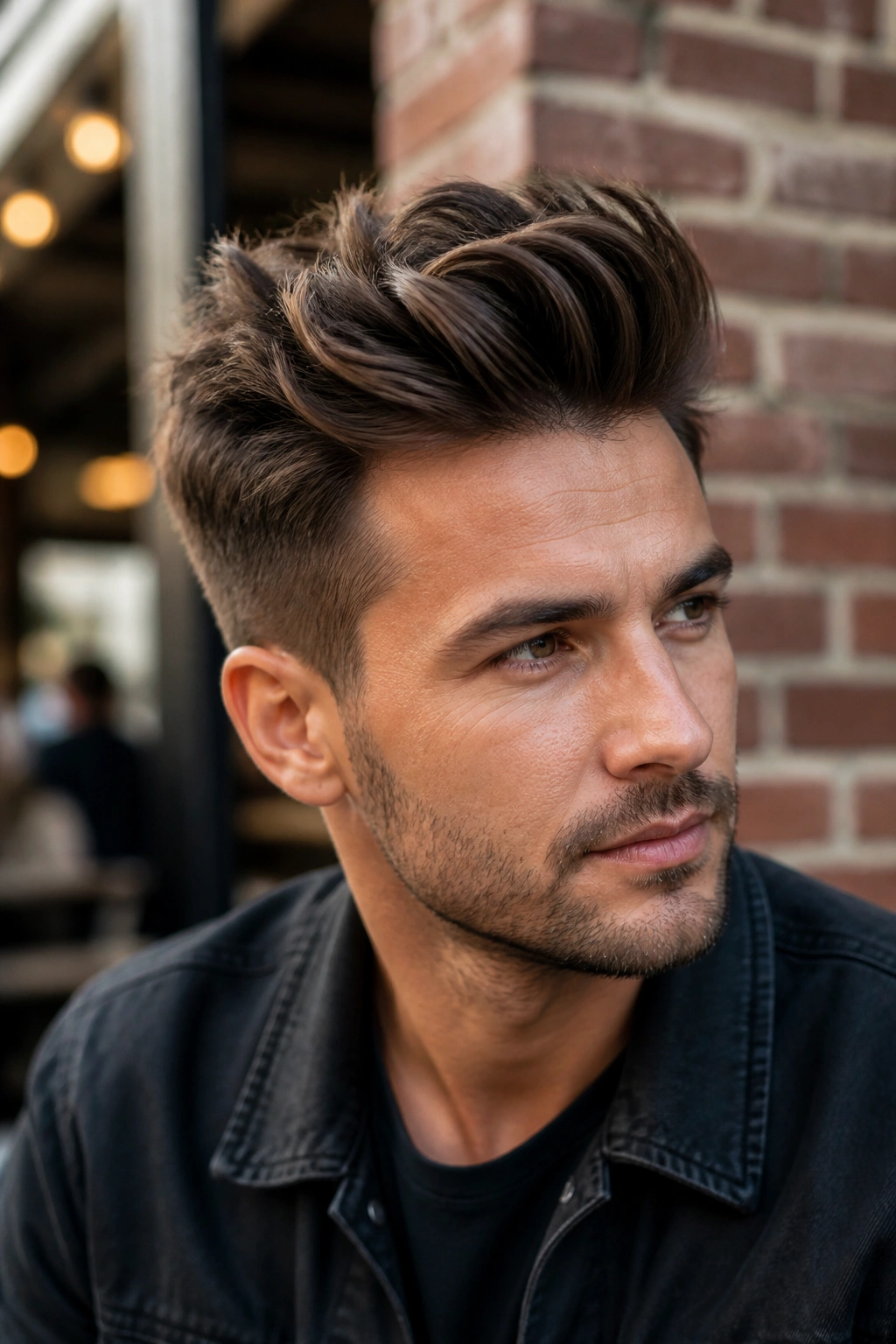 Close-up of man with textured pompadour showing layered top