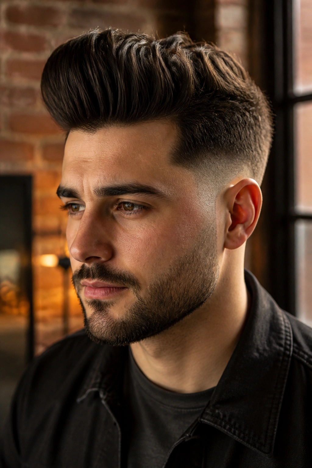 Close-up of a man with a textured pompadour and tapered sides in a brick-wall loft.