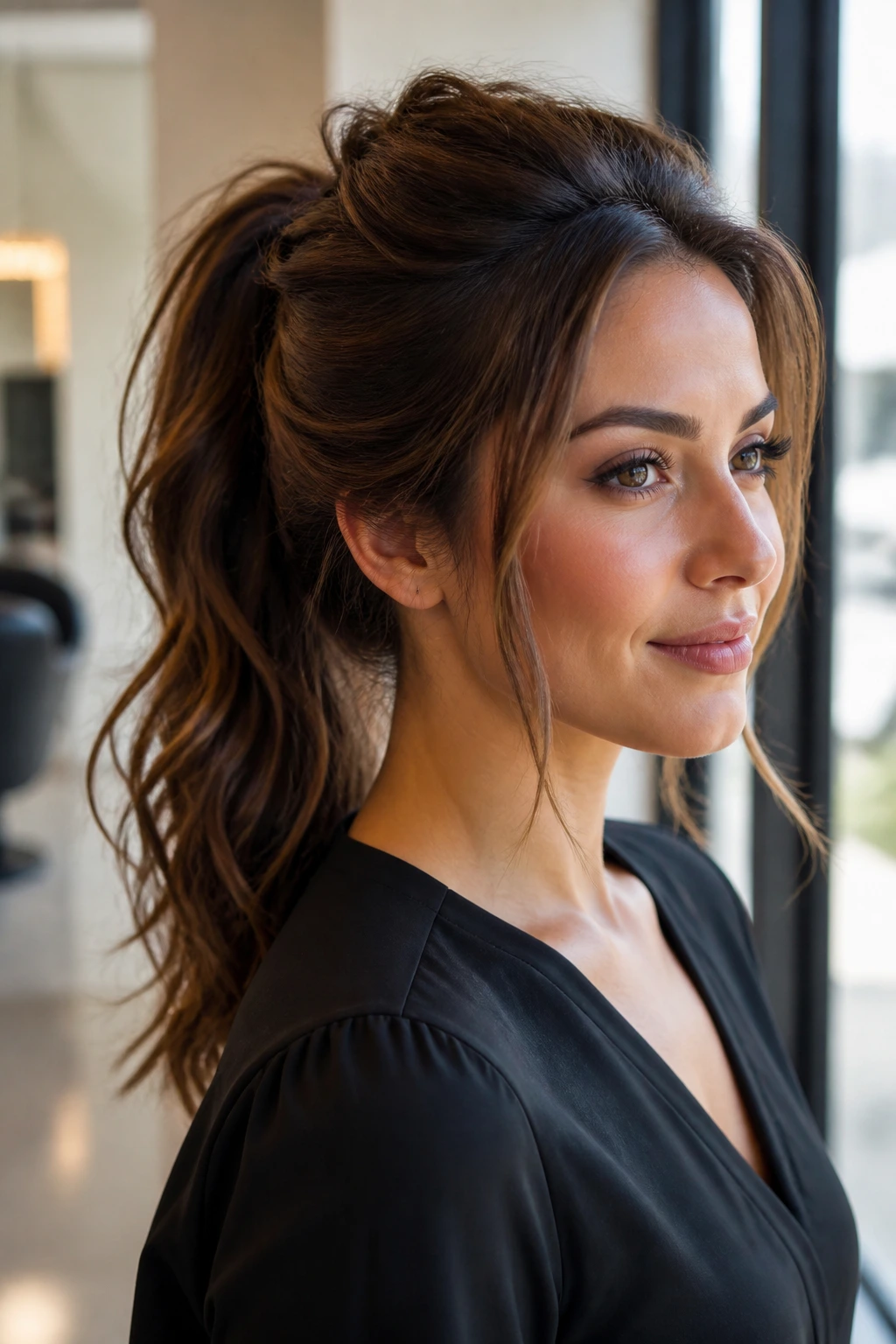 Close-up of a real woman with a textured ponytail and crown lift at mid-height.