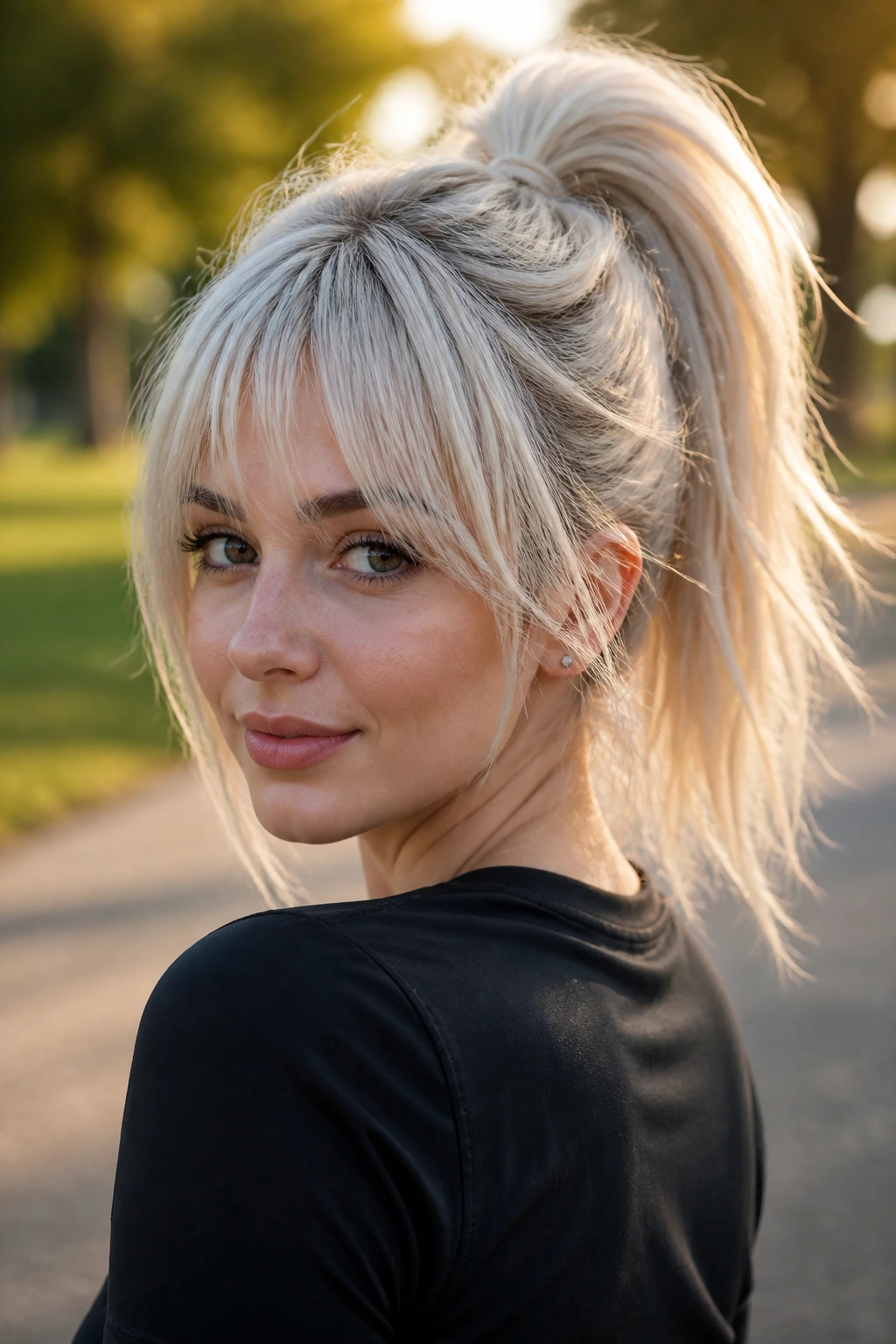 Close-up of a real woman with textured ponytail and airy platinum fringe outdoors