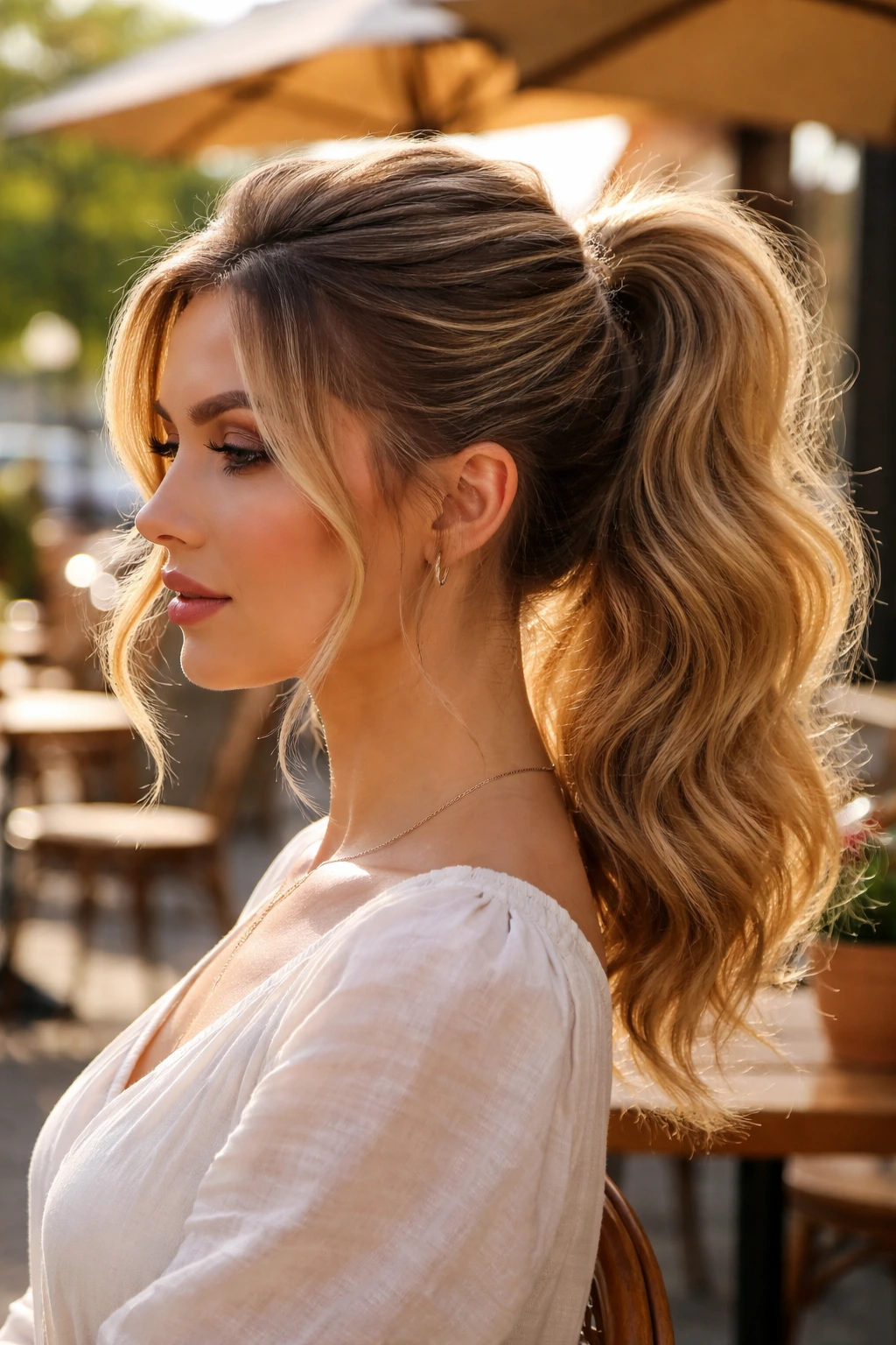 Side-profile of a real person with a textured voluminous ponytail