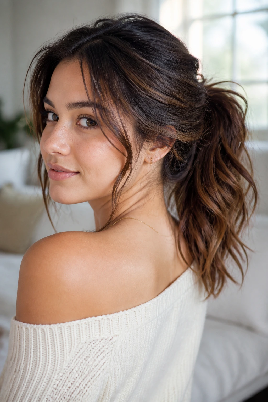 Close-up of a real woman with textured ponytail and loose waves in warm window light