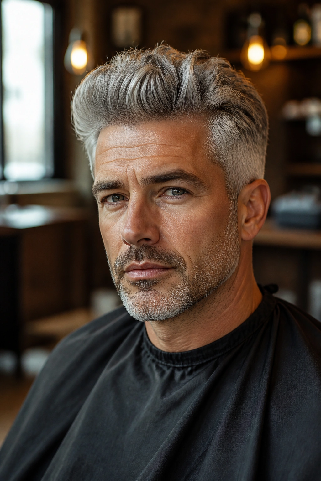 Close-up portrait of a man with a textured quiff and gray hair in a warm barbershop.