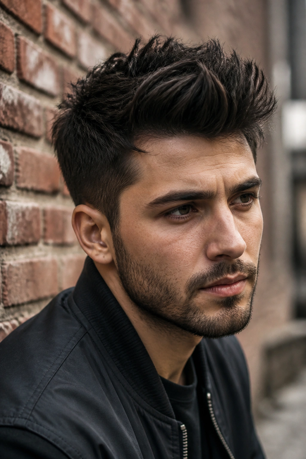 Close-up of a man with a textured matte quiff against a brick wall
