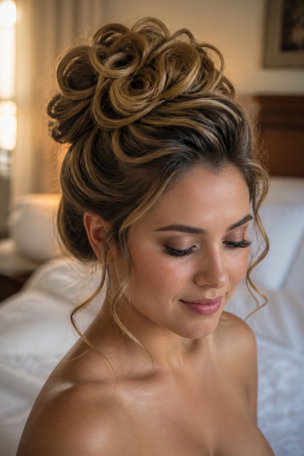 Real woman with textured rose updo and crown lift in warm window light