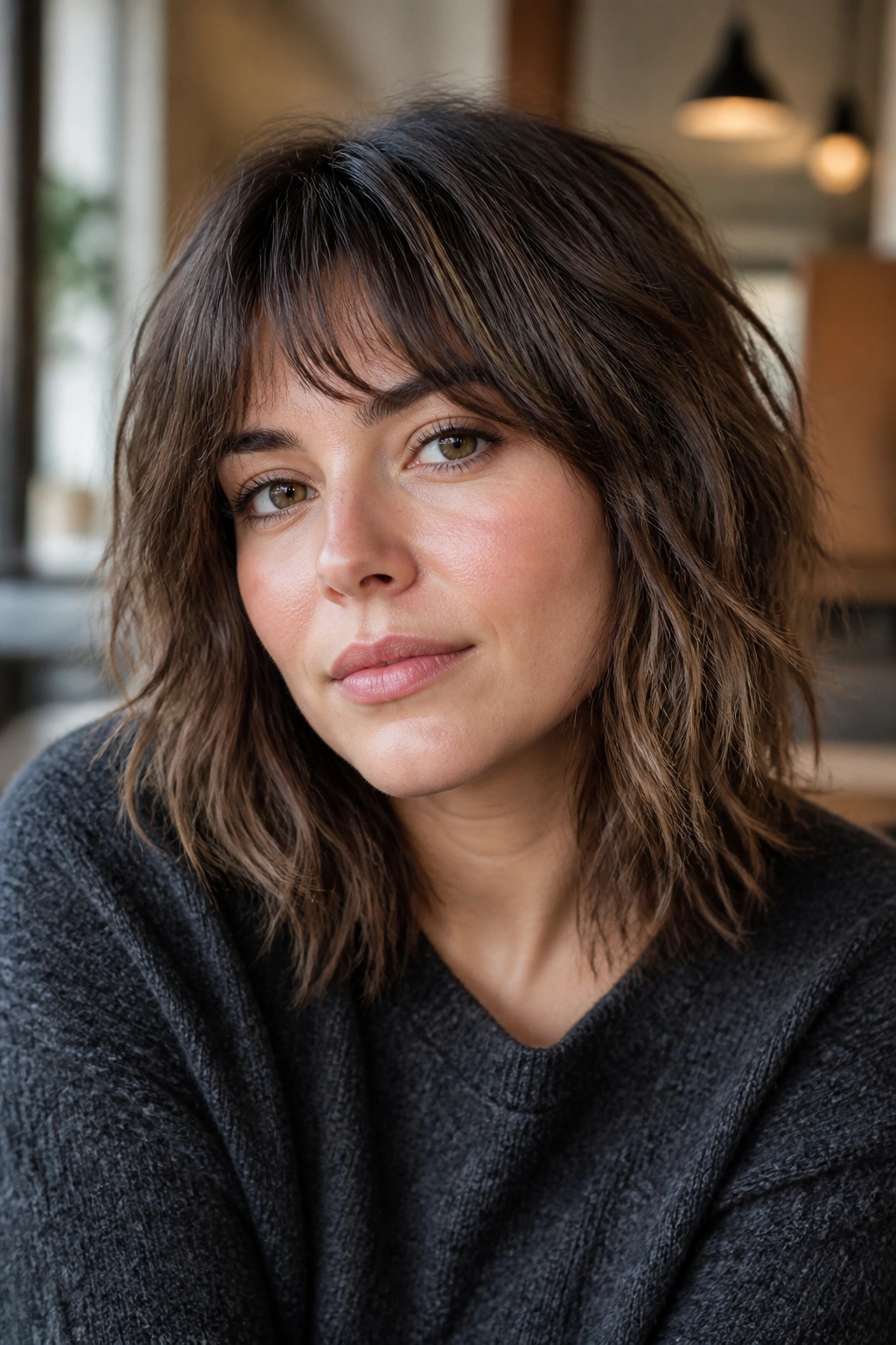 Real woman with textured shoulder-length shag in a cozy setting
