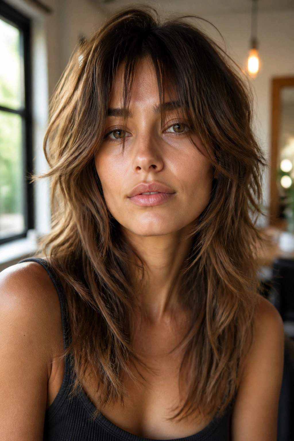 Portrait of a real woman with textured shag and airy ends.