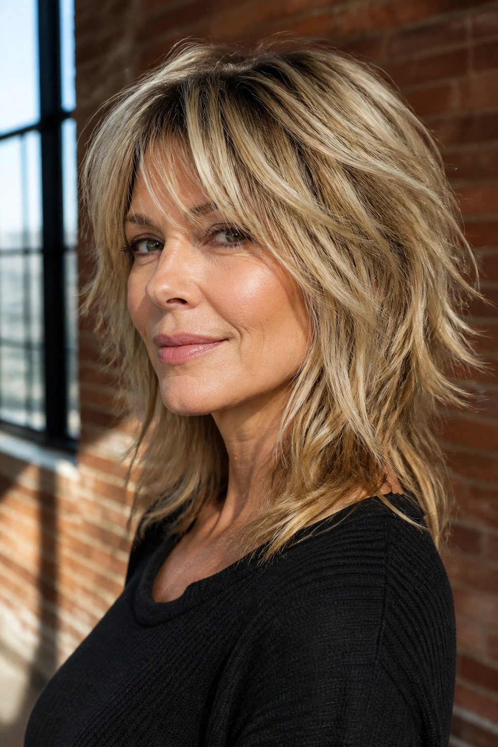 Close-up portrait of a real person with textured shag and airy layers