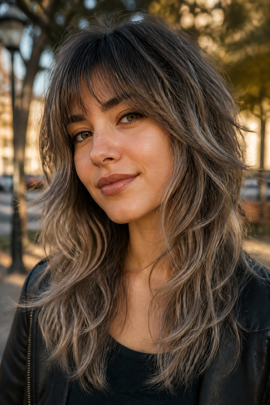 Close-up of a real woman with textured shag and airy ends in ash brown balayage.