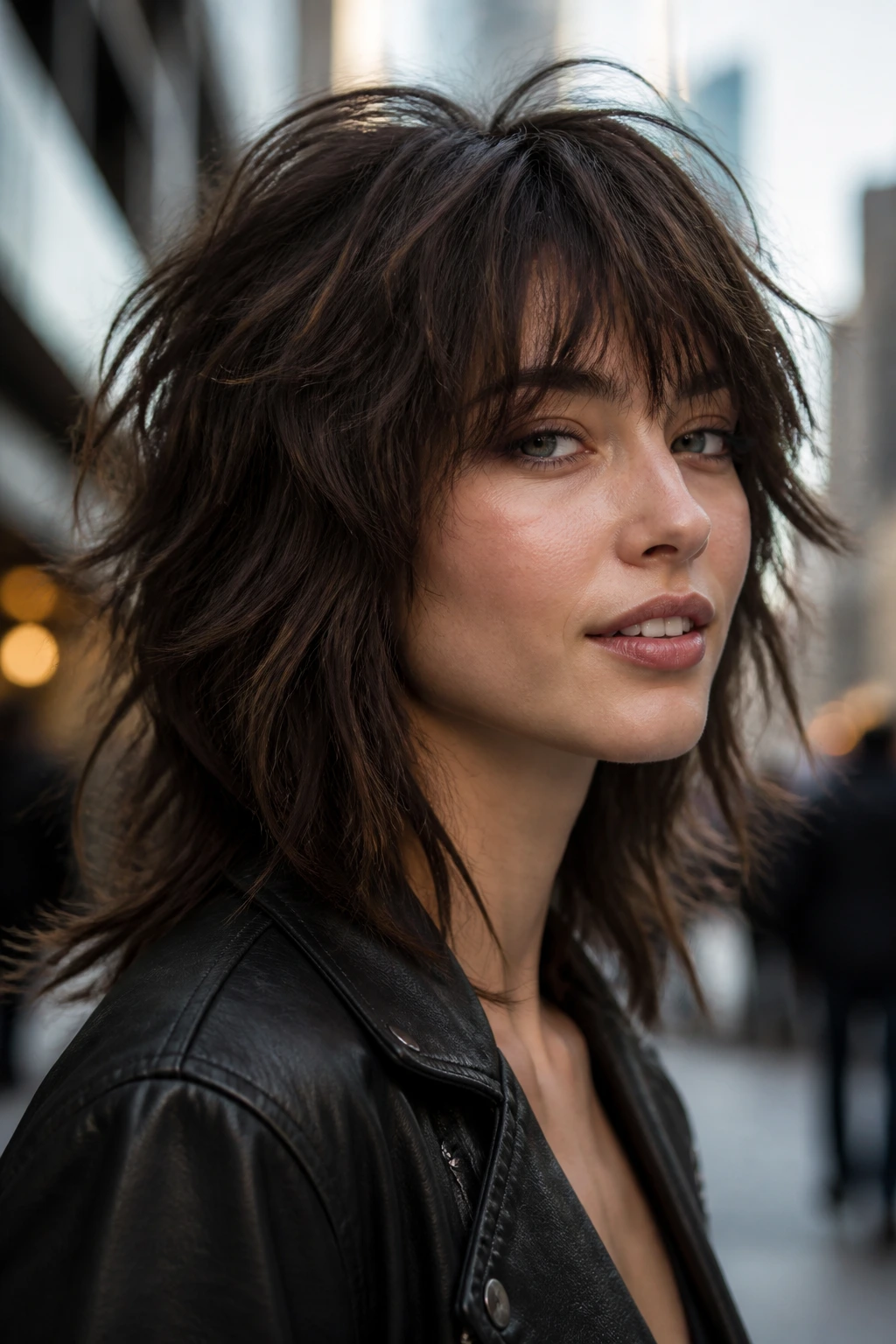 Close-up portrait of a real woman with textured shag bangs.