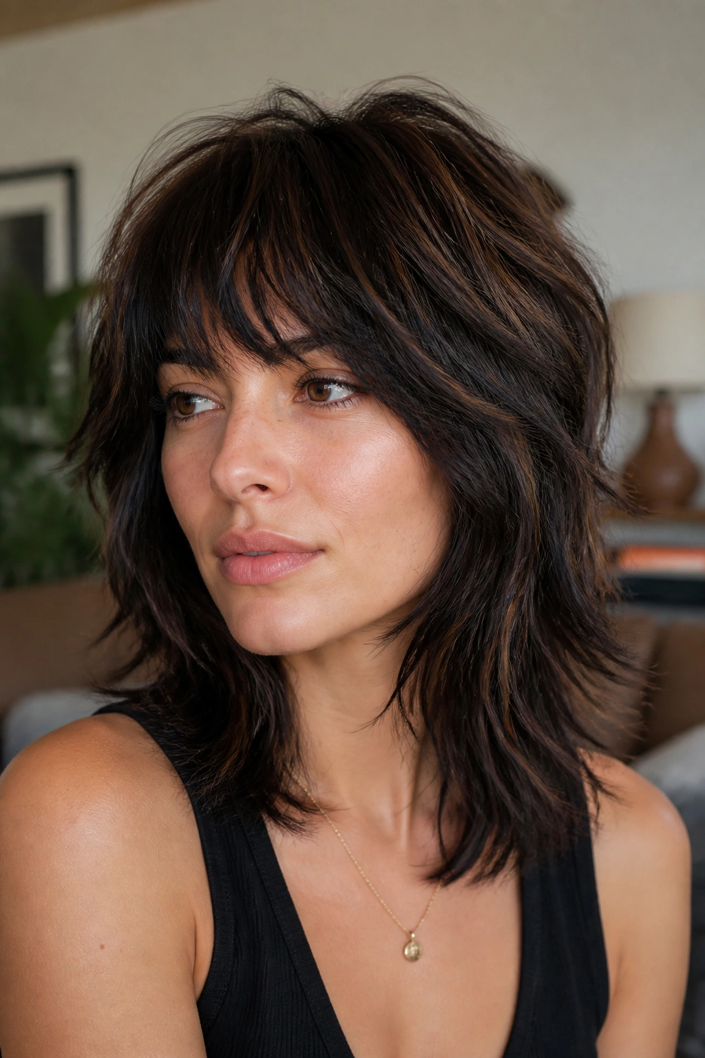 Portrait of a woman with a textured shag and black slice highlights