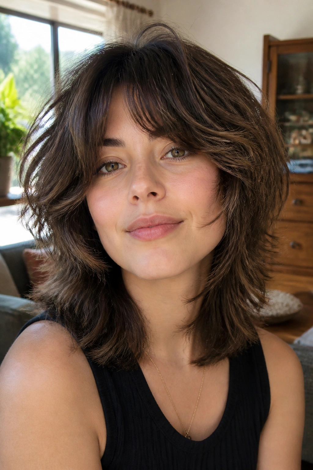 Real woman with cheekbone-length cheekbone layers in a textured shag.