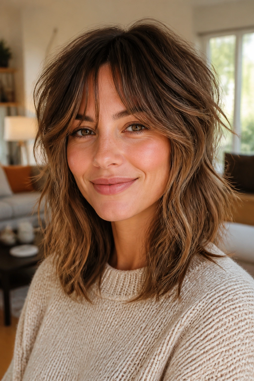 Close-up portrait of a real woman with a textured mid-length shag and soft curtain fringe