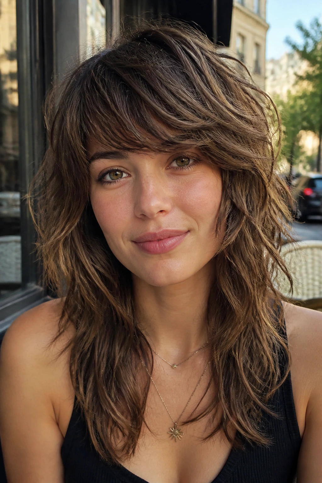 Close-up of a woman with textured shag and sweeping fringe